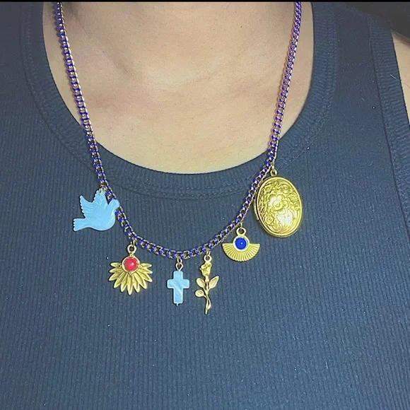 Blue Enameled Cuban Chain w Dove Cross Vintage Locket Charm Necklace - Picture 3 of 4